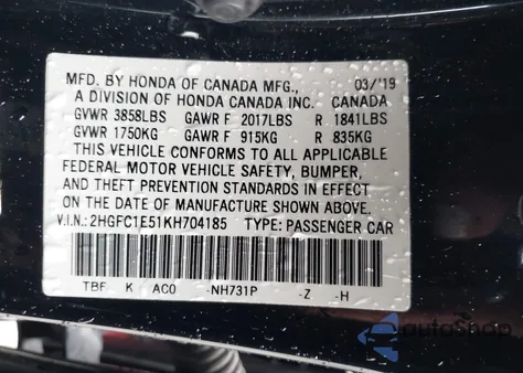 2019 Honda Civic Si из США, поврежденный, VIN 2HGFC1E51KH704185